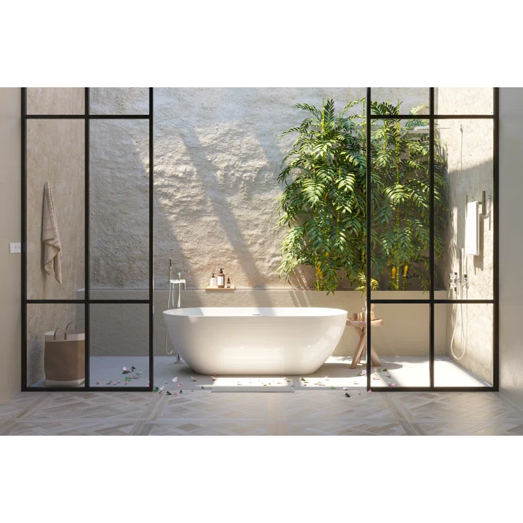 59" x 30" Freestanding Soaking Solid Surface Bathtub Stone Resin Bath Tub with Overflow and Pop-up Drain for Contemporary Bathroom, Glossy/Matte White