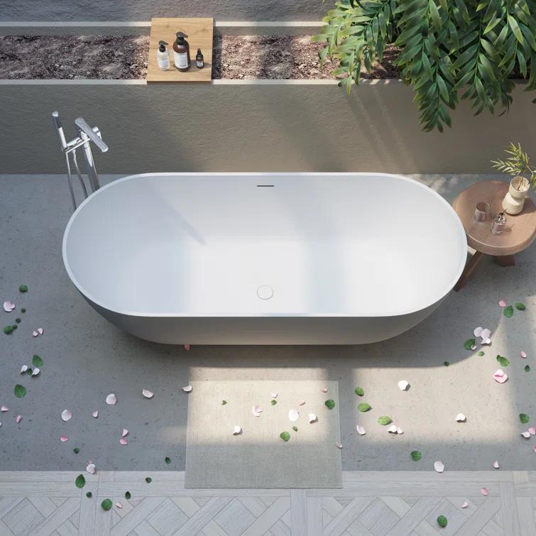 59" x 30" Freestanding Soaking Solid Surface Bathtub Stone Resin Bath Tub with Overflow and Pop-up Drain for Contemporary Bathroom, Glossy/Matte White