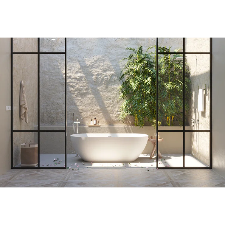 59" x 30" Freestanding Soaking Solid Surface Bathtub Stone Resin Bath Tub with Overflow and Pop-up Drain for Contemporary Bathroom, Glossy/Matte White
