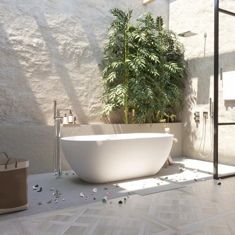 59" x 30" Freestanding Soaking Solid Surface Bathtub Stone Resin Bath Tub with Overflow and Pop-up Drain for Contemporary Bathroom, Glossy/Matte White