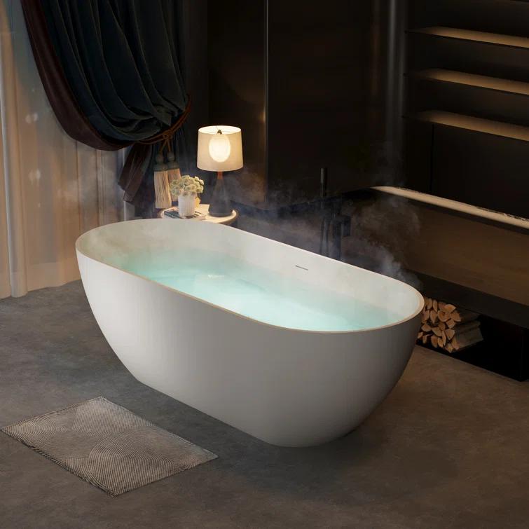 59" x 30" Freestanding Soaking Solid Surface Bathtub Stone Resin Bath Tub with Overflow and Pop-up Drain for Contemporary Bathroom, Glossy/Matte White