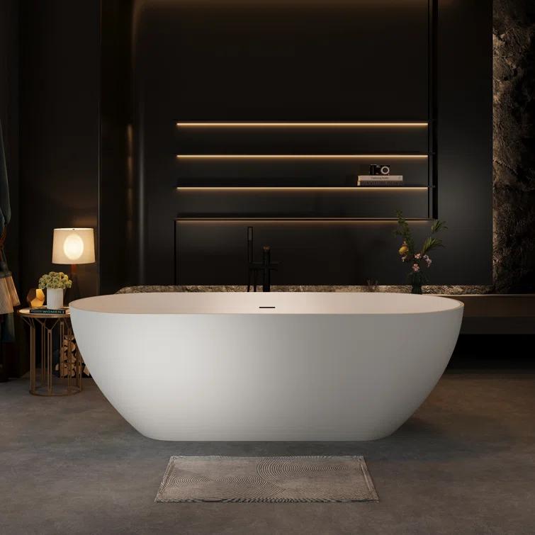 59" x 30" Freestanding Soaking Solid Surface Bathtub Stone Resin Bath Tub with Overflow and Pop-up Drain for Contemporary Bathroom, Glossy/Matte White