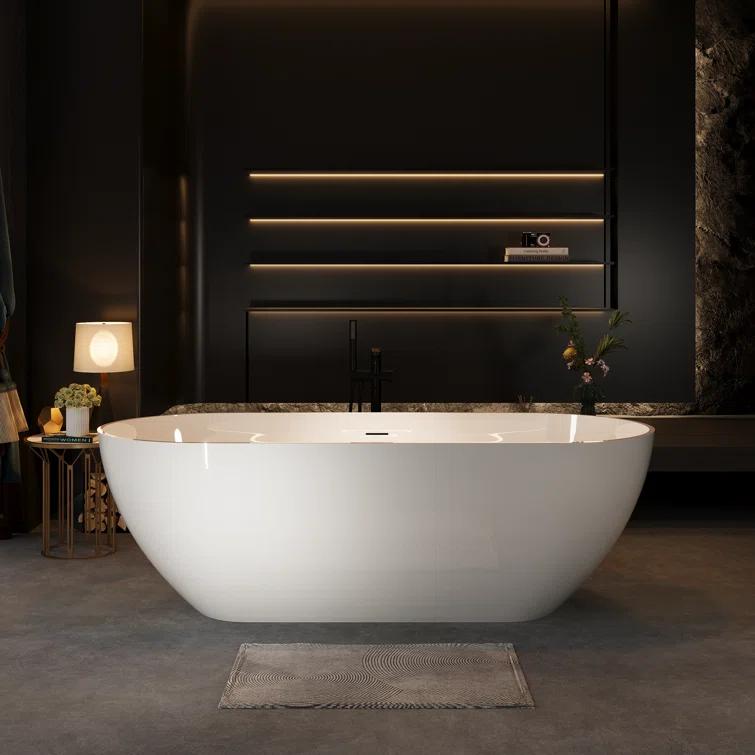 59" x 30" Freestanding Soaking Solid Surface Bathtub Stone Resin Bath Tub with Overflow and Pop-up Drain for Contemporary Bathroom, Glossy/Matte White