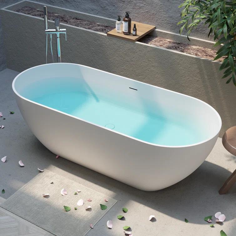 69'' x 29.5'' Freestanding Soaking Solid Surface Bathtub in White Finish with Drain