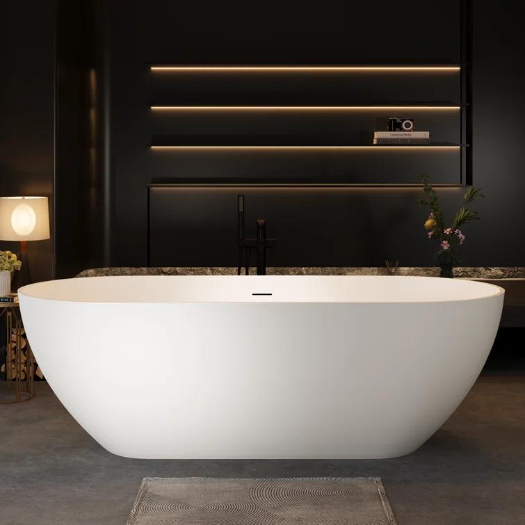 69'' x 29.5'' Freestanding Soaking Solid Surface Bathtub in White Finish with Drain