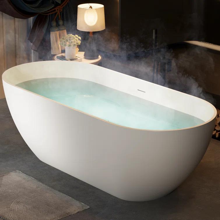 69'' x 29.5'' Freestanding Soaking Solid Surface Bathtub in White Finish with Drain