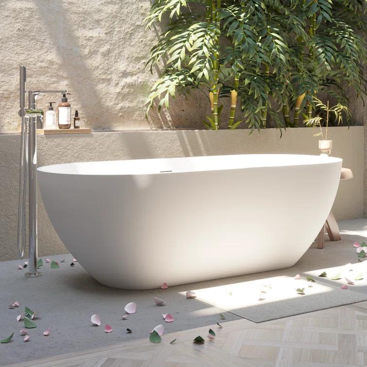 69'' x 29.5'' Freestanding Soaking Solid Surface Bathtub in White Finish with Drain