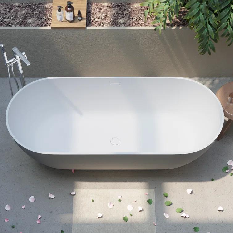 69'' x 29.5'' Freestanding Soaking Solid Surface Bathtub in White Finish with Drain