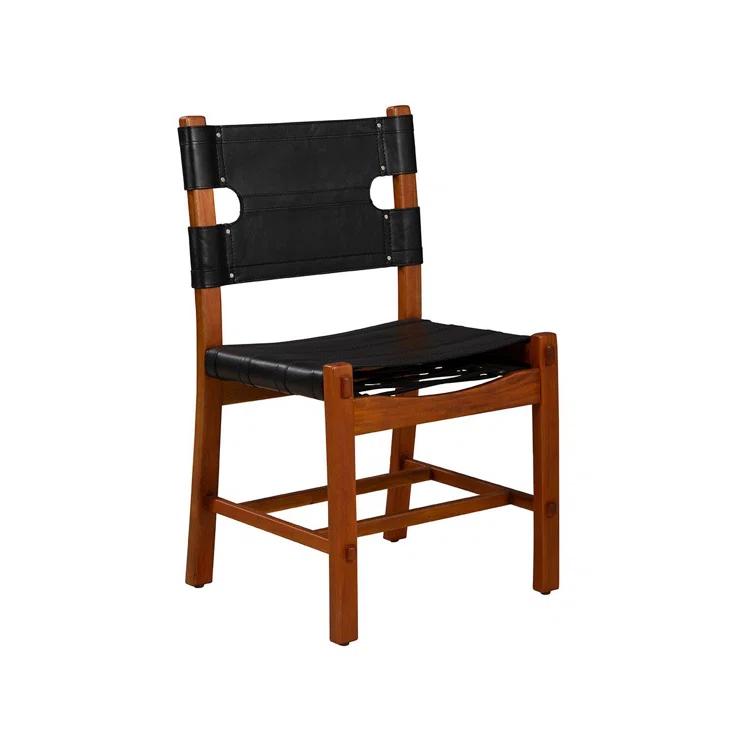 Black Leather Upholstered Side Chair with Mahogany Wood Frame