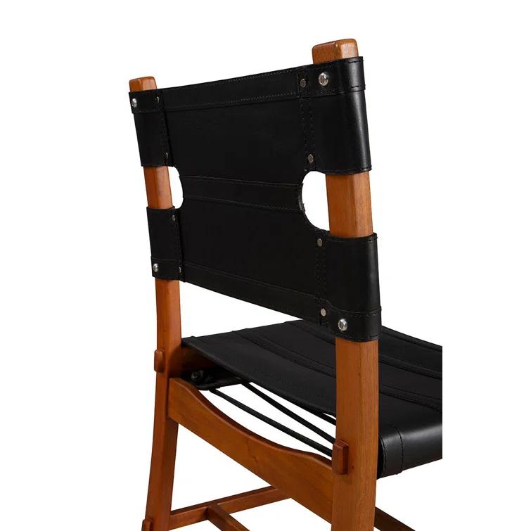 Black Leather Upholstered Side Chair with Mahogany Wood Frame