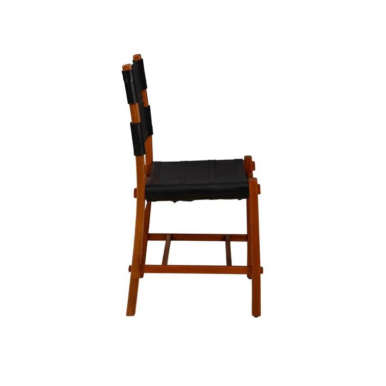 Black Leather Upholstered Side Chair with Mahogany Wood Frame