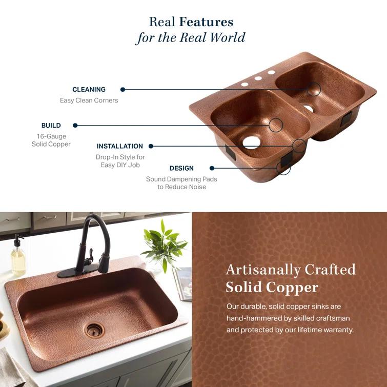 Santi Copper 33" Double Bowl Drop-In Kitchen Sink