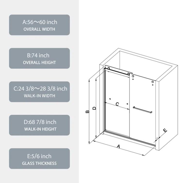 MJ RENOVATION GROUP LLC 13MRG516368RC 56"-60"W x 74"H shower door with high quality stainless steel handle