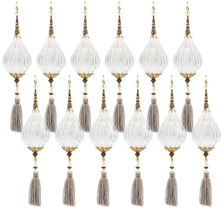 Long Acrylic Drop With Polyester Tassel Hanging Ornament Set of 12 8.7" Clear/Silver (Set of 12)