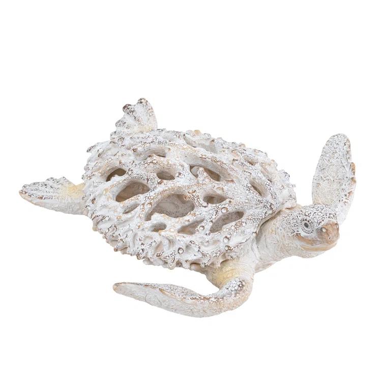 White Coral Reef Sea Turtle Resin Statue 13" x 12"