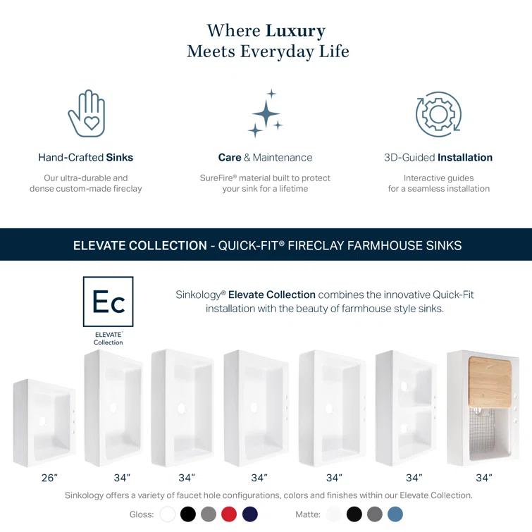 Parker Fireclay 34" Single Bowl Quick-Fit Farmhouse Workstation Kitchen Sink with Pfirst Faucet Kit