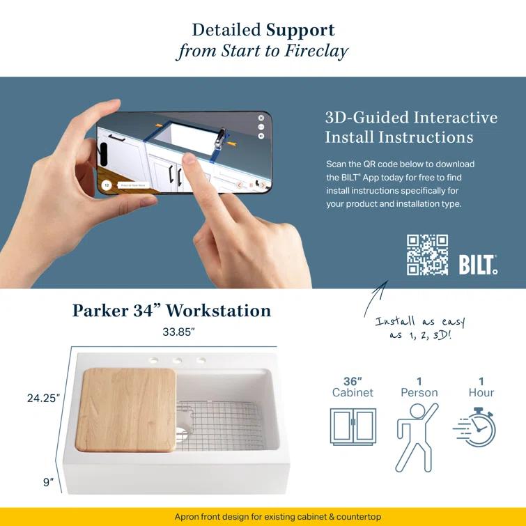 Parker Fireclay 34" Single Bowl Quick-Fit Farmhouse Workstation Kitchen Sink with Pfirst Faucet Kit
