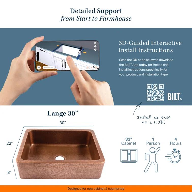 Lange Copper 30" Single Bowl Farmhouse Apron Front Undermount Kitchen Sink