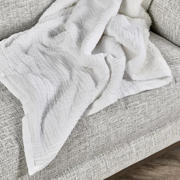 White Sherpa Cotton Linen Blend Weighted Throw Blanket