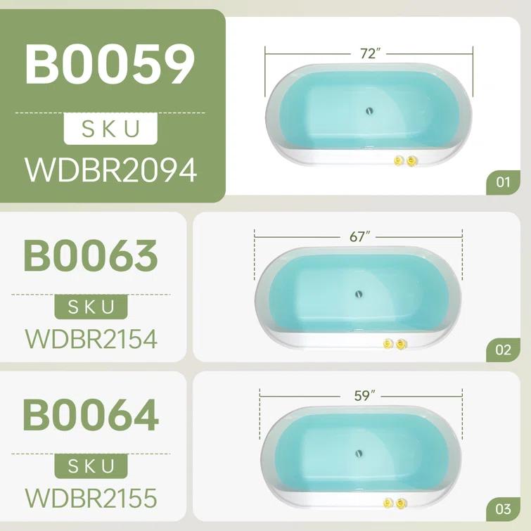 WoodBridge 72'' x 35.375'' Freestanding Acrylic Double Ended Bathtub with Wide Rim,  - Available in Glossy White/Black, with 5 Finish Options for Trim B0059-MB