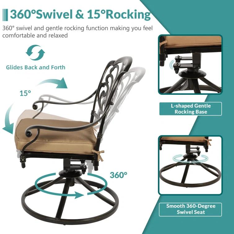 9-Piece Outdoor Patio Dining Set For 8, All Weather Cast Aluminum Patio Funiture Table And Chairs Set- Large 64" Square Table And 2 Swivel Rocker Chairs, 6 Stationary Chairs, 2.2" Umbrella Hole