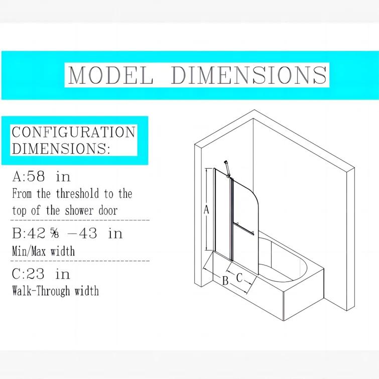 43"W x 58"H Frameless Folding Pivot Bathtub Door with 6mm Thick Clear Tempered Glass Door