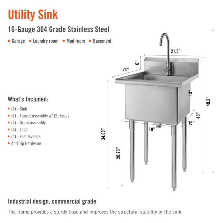 TRINITY EcoStorage 21.5 in. W x 49.3 in. H x 24 in. D NSF Stainless Steel Utility Sink w/ Faucet