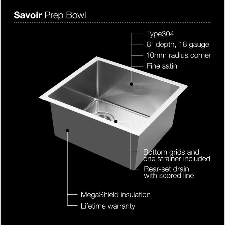 Houzer Savoir Undermount Stainless Steel 12" x 14" Bar Prep Sink, Strainer & Grid Included
