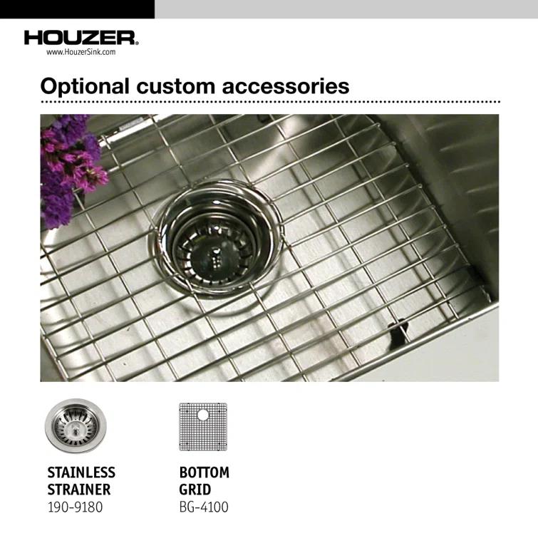 Houzer Savoir Undermount Stainless Steel 12" x 14" Bar Prep Sink, Strainer & Grid Included