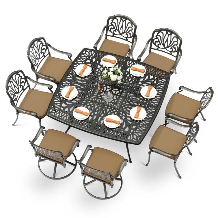 9-Piece Outdoor Patio Dining Set For 8, All Weather Cast Aluminum Patio Funiture Table And Chairs Set- Large 64" Square Table And 2 Swivel Rocker Chairs, 6 Stationary Chairs, 2.2" Umbrella Hole