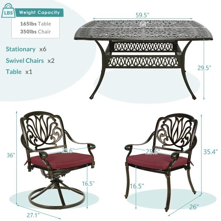 9-Piece Outdoor Patio Dining Set For 8, All Weather Cast Aluminum Patio Funiture Table And Chairs Set- Large 64" Square Table And 2 Swivel Rocker Chairs, 6 Stationary Chairs, 2.2" Umbrella Hole