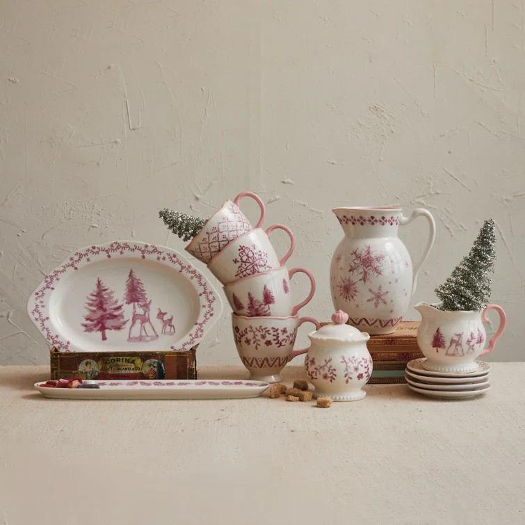 Creative Co-Op Stoneware Creamer and Sugar Pot Set, Pink and Cream, Set of 2