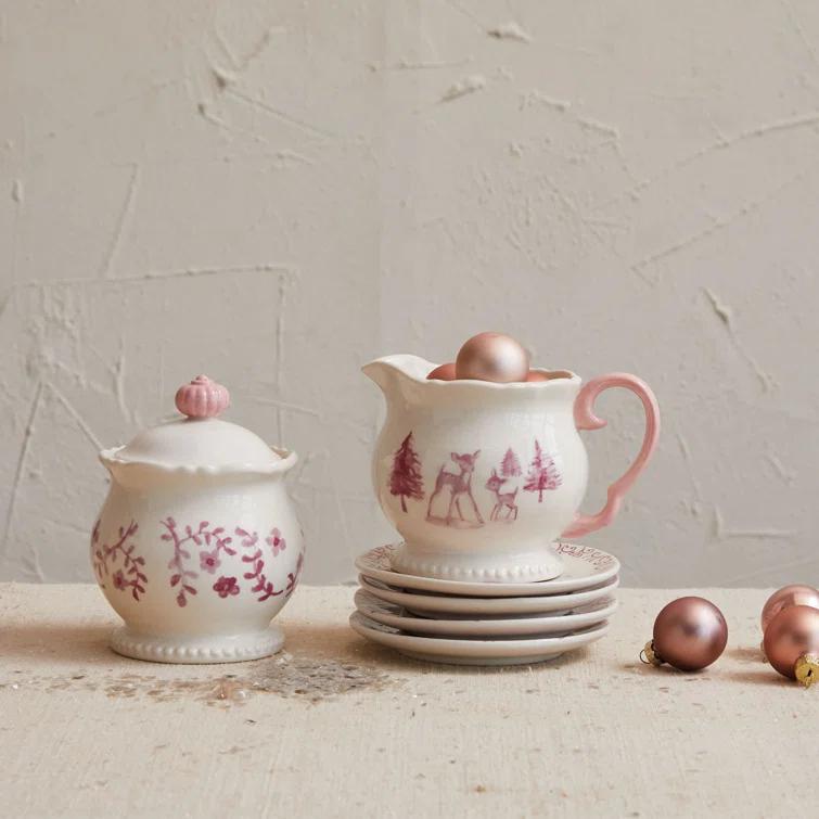 Creative Co-Op Stoneware Creamer and Sugar Pot Set, Pink and Cream, Set of 2