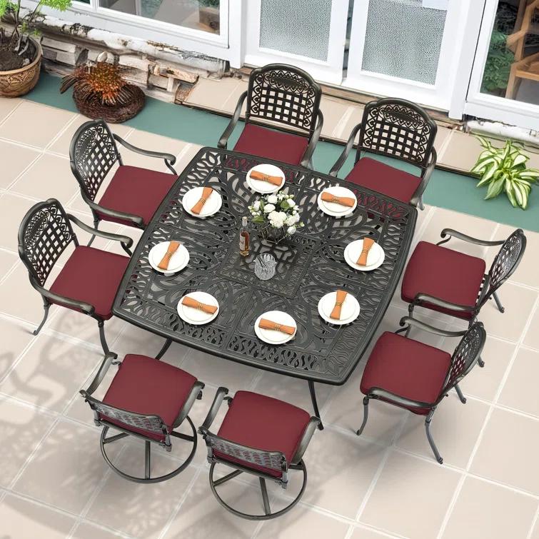 9-Piece Outdoor Patio Dining Set For 8, All Weather Cast Aluminum Patio Funiture Table And Chairs Set- Large 64" Square Table And 2 Swivel Rocker Chairs, 6 Stationary Chairs For Garden