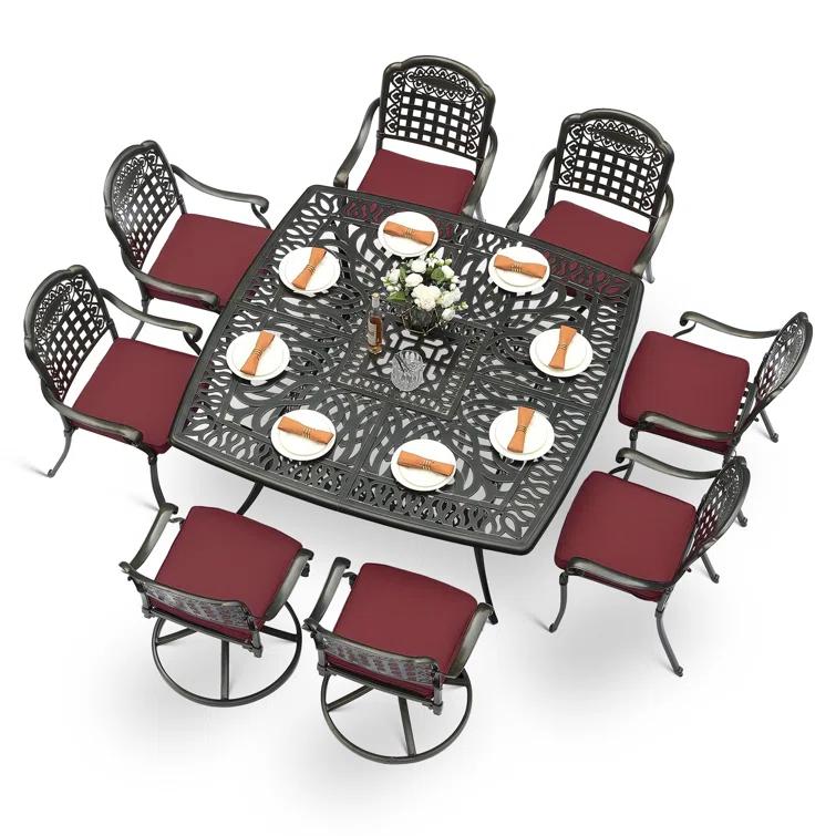 9-Piece Outdoor Patio Dining Set For 8, All Weather Cast Aluminum Patio Funiture Table And Chairs Set- Large 64" Square Table And 2 Swivel Rocker Chairs, 6 Stationary Chairs For Garden