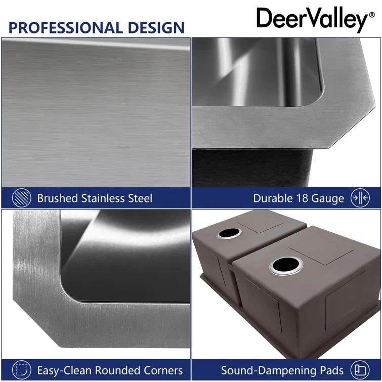 DeerValley 33'' L Undermount 50/50 Double Bowl Stainless Steel Kitchen Sink with Basket Strainers and Stainless Steel Grids