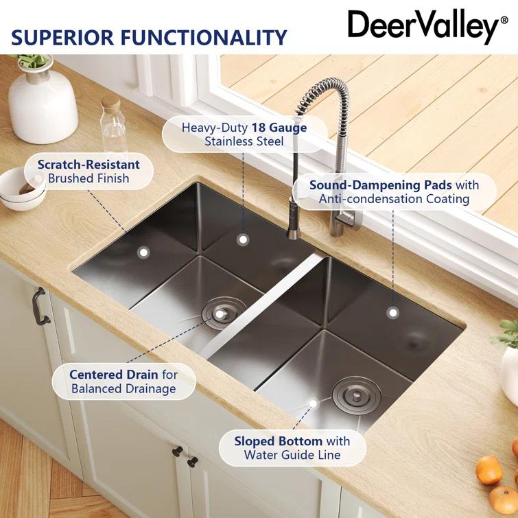 DeerValley 33'' L Undermount 50/50 Double Bowl Stainless Steel Kitchen Sink with Basket Strainers and Stainless Steel Grids