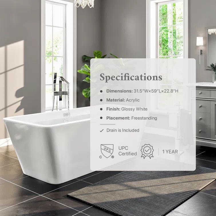 59'' x 32'' Freestanding Soaking Acrylic Bathtub