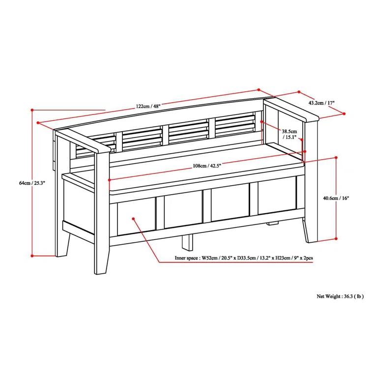 Simpli Home Adams 48"W Solid Wood Contemporary Entryway Storage Bench with Lift-Top Lid and Dual Compartments
