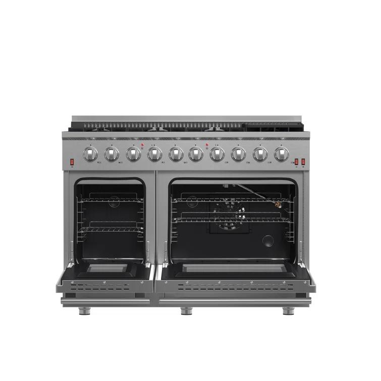 Galiano 48-inch Gas Range Stainless Steel, 8 Burners, 107,000 BTU, Griddle, Double Ovens