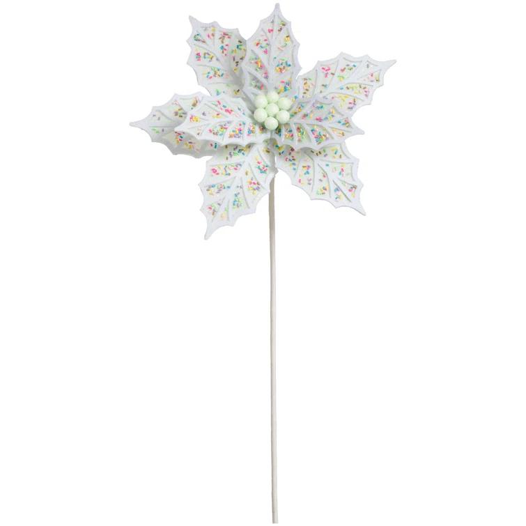White Artificial Poinsettia Stems with Glitter - Set of 12