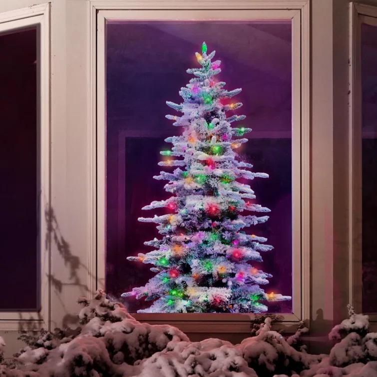 Fraser Hill Farm Flocked Mountain Pine Christmas Tree with LED Lights