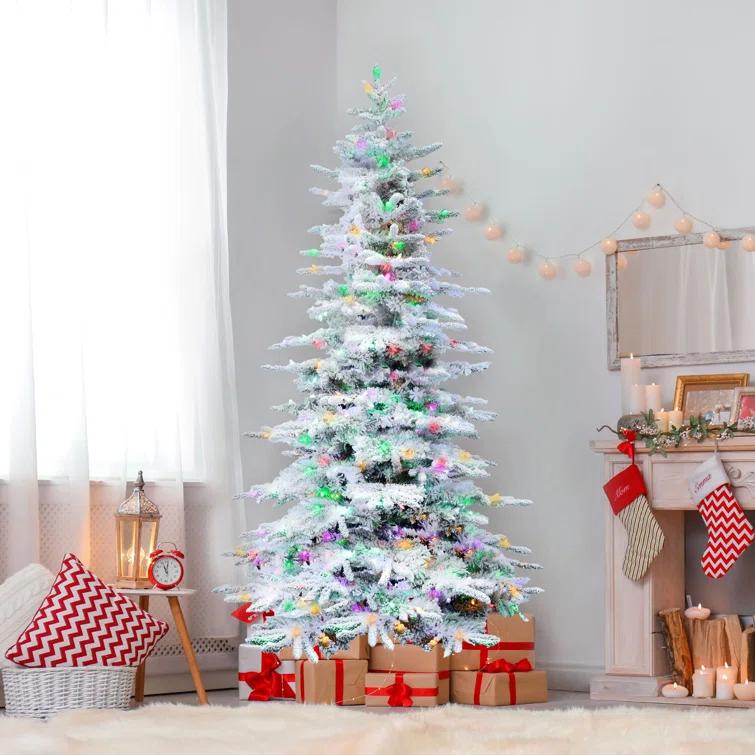 Fraser Hill Farm Flocked Mountain Pine Christmas Tree with LED Lights