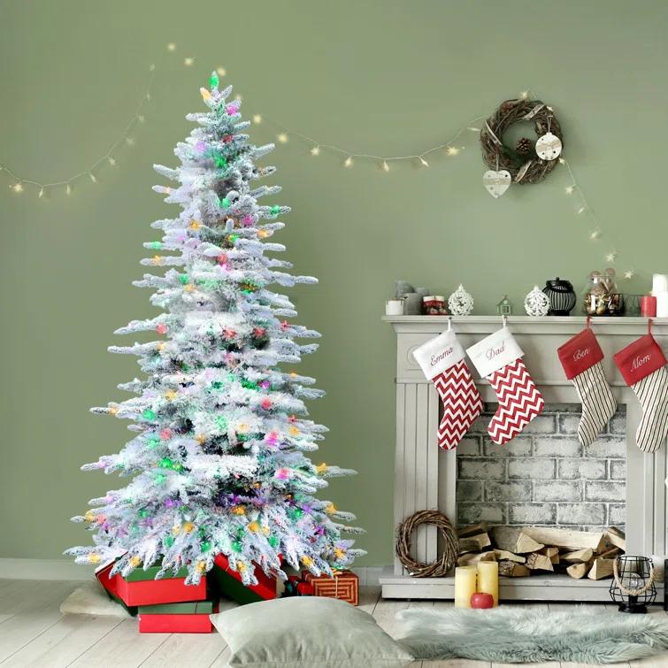Fraser Hill Farm Flocked Mountain Pine Christmas Tree with LED Lights