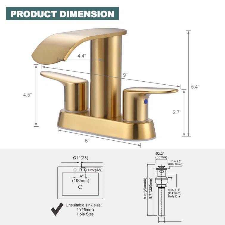 4-inch Centerset Double Handle Waterfall Bathroom Sink Faucet with Pop-up Drain Kit