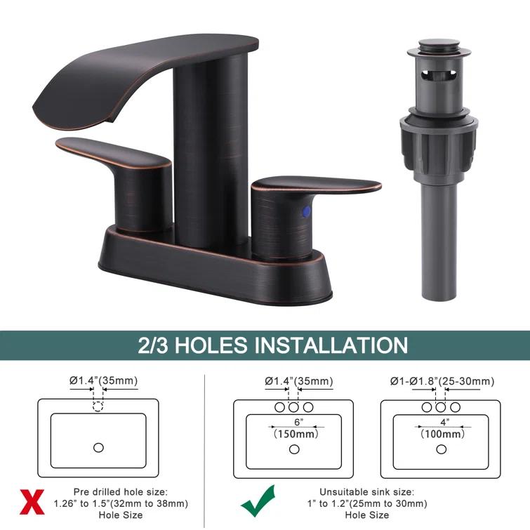 4-inch Centerset Double Handle Waterfall Bathroom Sink Faucet with Pop-up Drain Kit