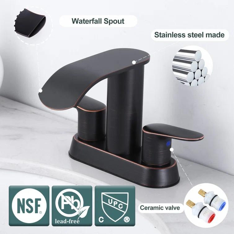 4-inch Centerset Double Handle Waterfall Bathroom Sink Faucet with Pop-up Drain Kit