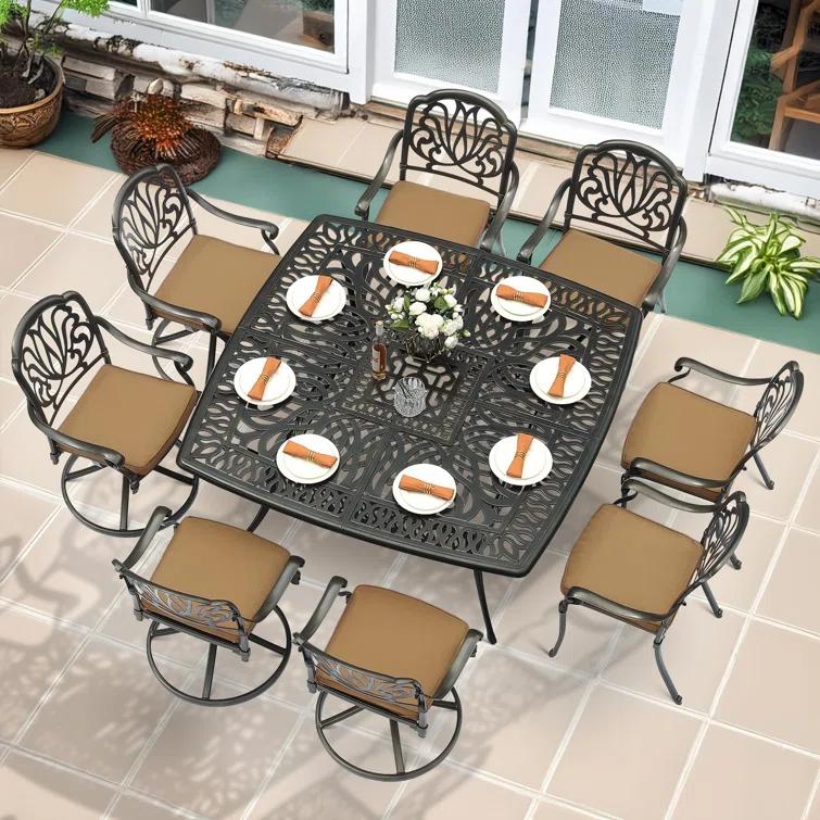 9-Piece Outdoor Patio Dining Set For 8, All Weather Cast Aluminum Patio Funiture Table And Chairs Set- Large 64" Square Table And 4 Swivel Rocker Chairs, 4 Stationary Chairs, 2.2" Umbrella Hole