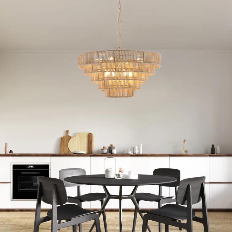 HLILish Bohemian Style Woven Pendant Light 23.6 Inch Rattan Ligh Large Rattan Pendant Light With 5-Tier Rattan Chandelier--Wood