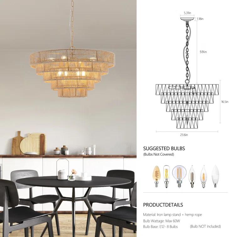 HLILish Bohemian Style Woven Pendant Light 23.6 Inch Rattan Ligh Large Rattan Pendant Light With 5-Tier Rattan Chandelier--Wood